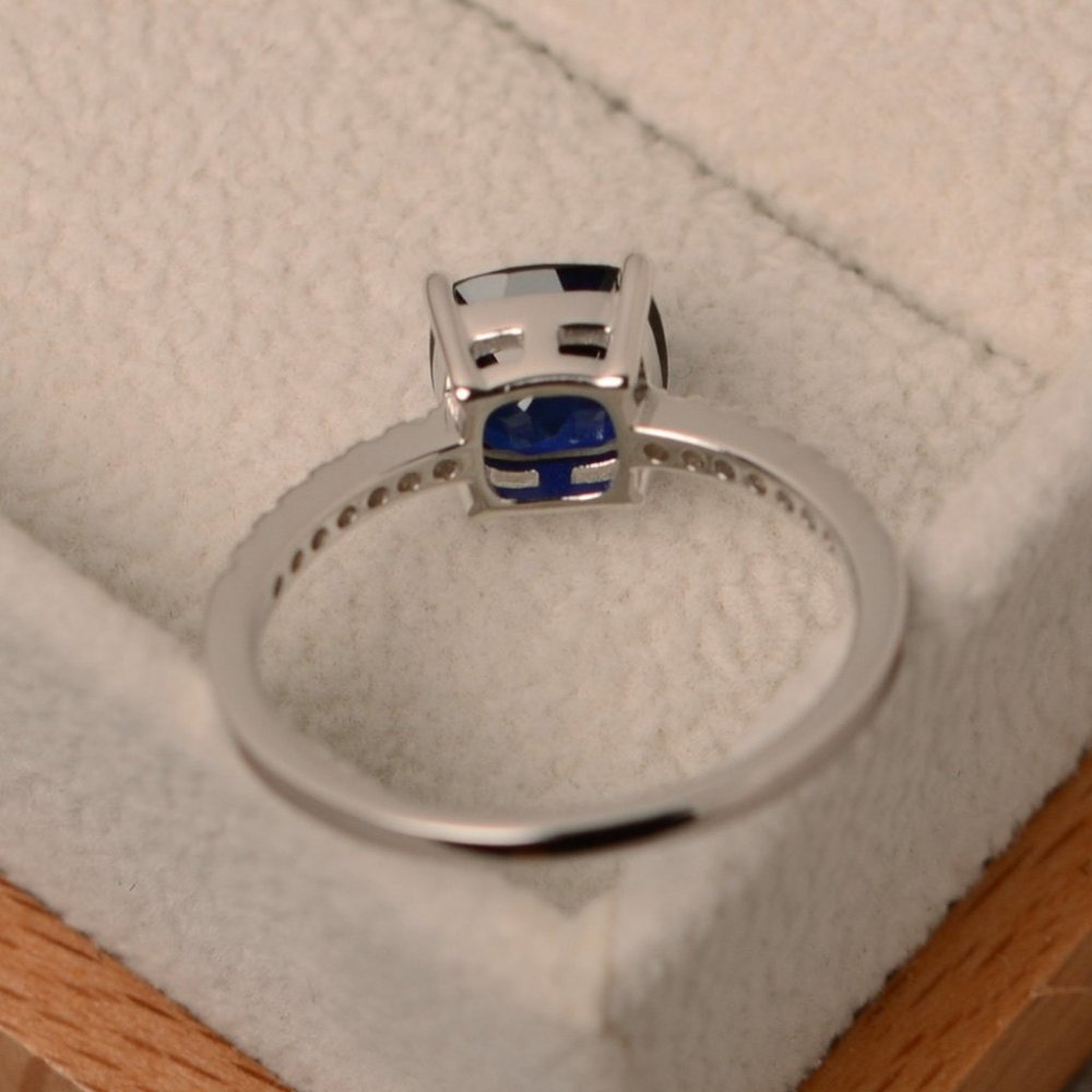 Sterling Silver Sapphire Diamond Cushion Cut Ring - Picture 4 of 4